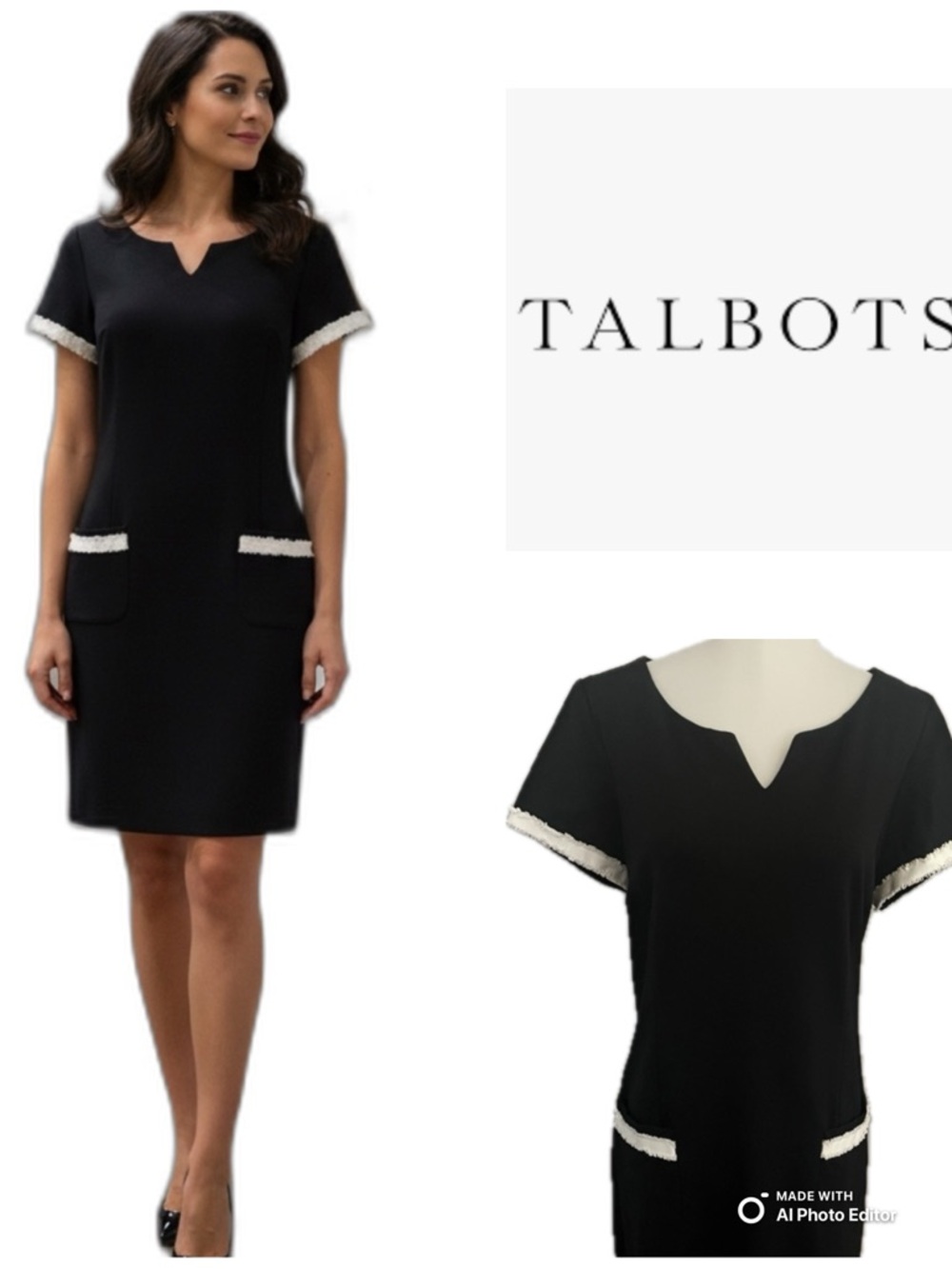 Talbots Black Sheath Dress V-Neck Short Sleeve